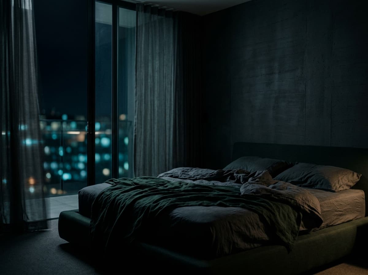 Chambre sombre la nuit, lit défait en lin et baie vitrée sur les lumières de la ville